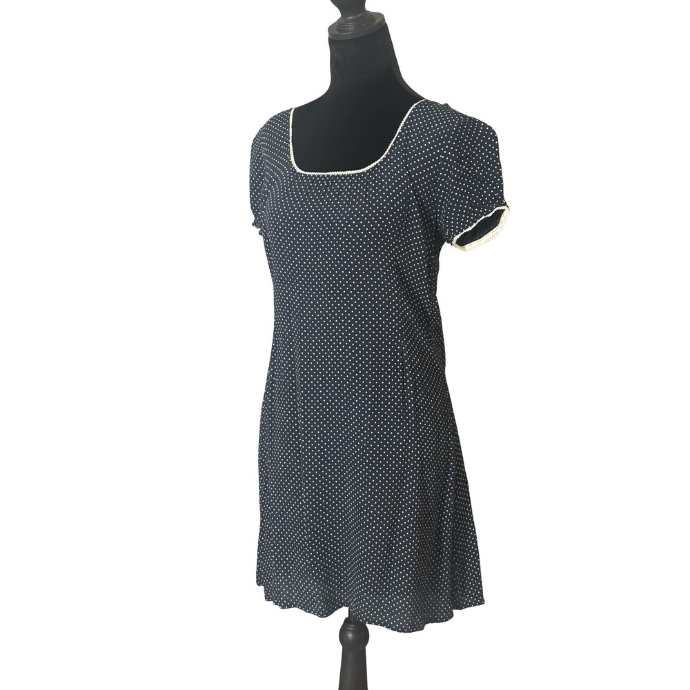 Brandy Melville Navy Polka Dot Crochet Trim Mini Dress One Size Viscose‎